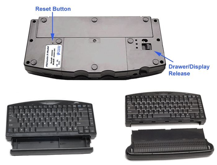 This picture is of the PAC Mate's bottom surface showing the reset button and Drawer/Display release.