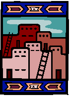 A black bordered graphic image of a Native American pueblo (village) with banner patterns at top and bottom, much like a Native American blanket.